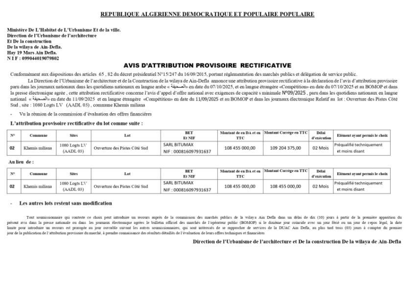 AVIS D'ATTRIBUTION PROVISOIRE RECTIFICATIVE