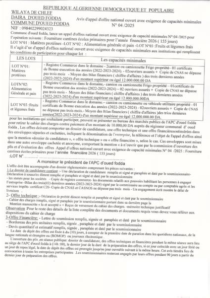 AVIS D'APPEL D'OFFRES NATIONAL AVEC EXIGENCE DE CAPACITE MINIMALES N° 04/2025