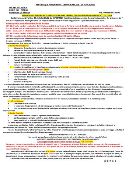 AVIS D'APPEL D'OFFRES NATIONAL OUVERT AVEC EXIGENCE DE CAPACITE MINIMALES N° 18/2025