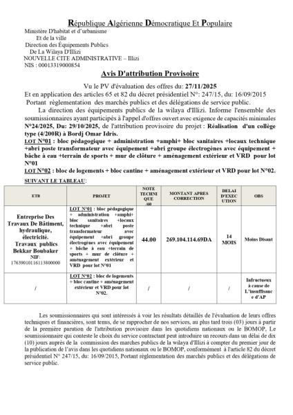 AVIS ATTRIBUTION PROVISOIRE