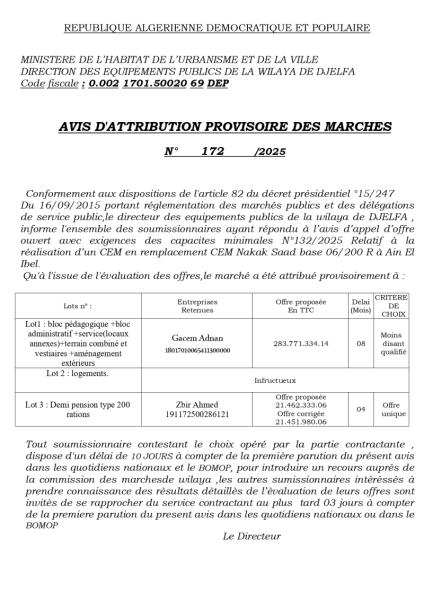 AVIS ATTRIBUTION PROVISOIRE DES MARCHES N°172/2025