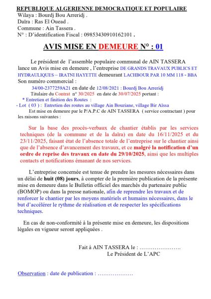 AVIS MISE EN DEMEURE N°01