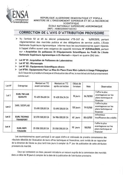 CORRECTION DE L'AVIS D'ATTRIBUTION PROVISOIRE