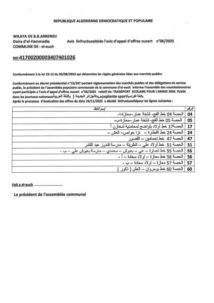 AVIS INFRUCTUOSITE DE L'AVIS D'APPEL D'OFFRE OUVERT N°06/2025