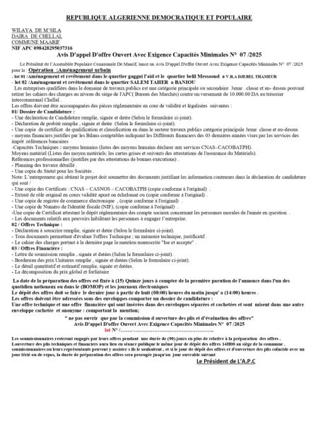 AVIS D'APPEL D'OFFRES OUVERT AVEC EXIGENCE DE CAPACITE MINIMALES N° 07/2025
