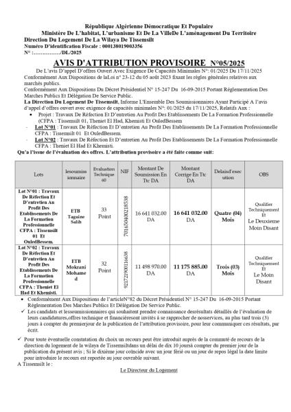 AVIS D'ATTRIBUTION PROVISOIRE N°05/2025