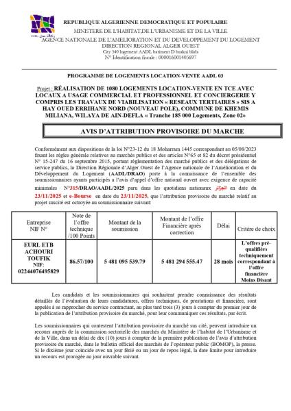 AVIS D'ATTRIBUTION PROVISOIRE DU MARCHE