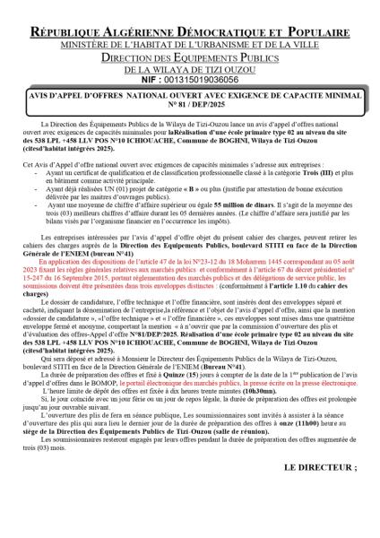 AVIS D'APPEL D'OFFRES NATIONAL OUVERT AVEC EXIGENCE DE CAPACITE MINIMALES N°81/DEP/2025