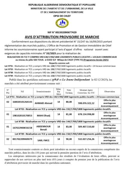 AVIS D'ATTRIBUTION PROVISOIRE DE MARCHE