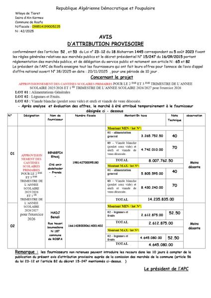 AVIS D’ATTRIBUTION PROVISOIRE