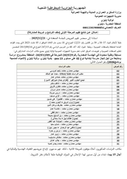 إعلان عن نتائج تقييم المرحلة الأولى ( ملف الترشح و شروط المشاركة )