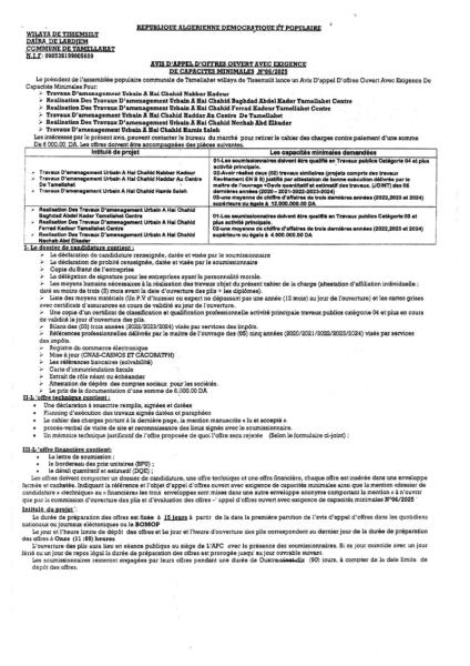 AVIS D'APPEL D'OFFRES OUVERT AVEC EXIGENCE DE CAPACITES MINIMALES N° 06/2025