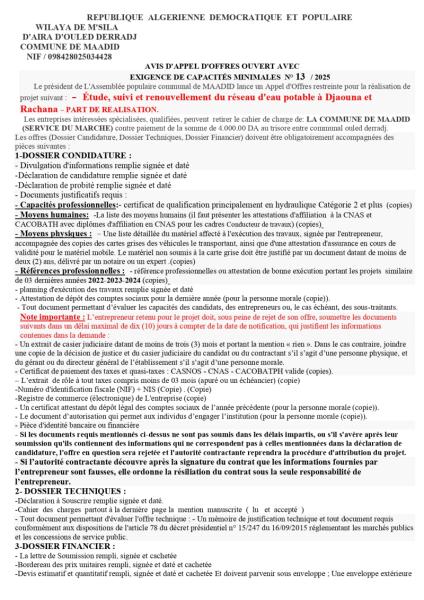 AVIS D'APPEL D'OFFRES OUVERT AVEC EXIGENCE DE CAPACITE MINIMALES N° 13/2025