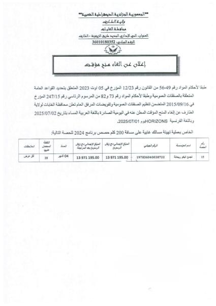إعلان عن الغاء منح مؤقت