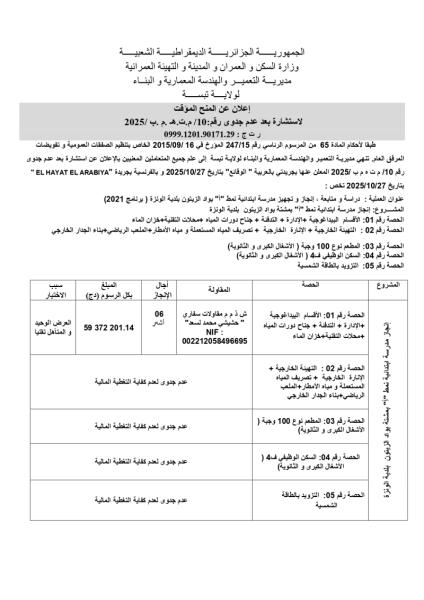 اعلان عن المنح المؤقت الاستشارة بعد عدم جدوى رقم: 10/م.ت.ه.م.ب/2025