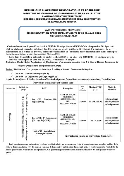AVIS D'ATTRIBUTION PROVISOIRE DE CONSULTATION APRES INFRUCTUOSITE N°09/D.U.A.C/2025
