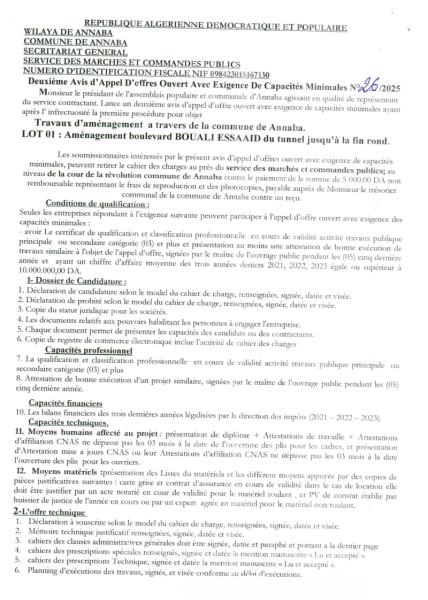 DEUXIEME AVIS D'APPEL D'OFFRES OUVERT AVEC EXIGENCE DE CAPACITE MINIMALES N°26/2025