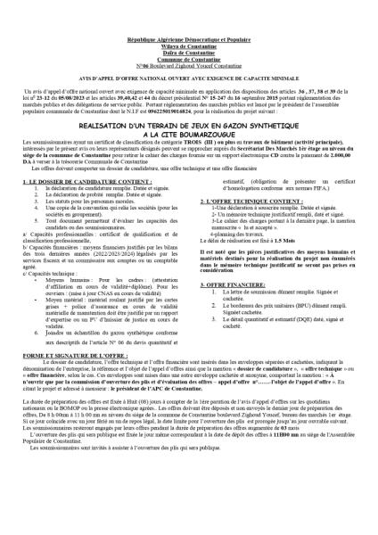 AVIS D'APPEL D'OFFRES NATIONAL OUVERT AVEC EXIGENCE DE CAPACITE MINIMALES