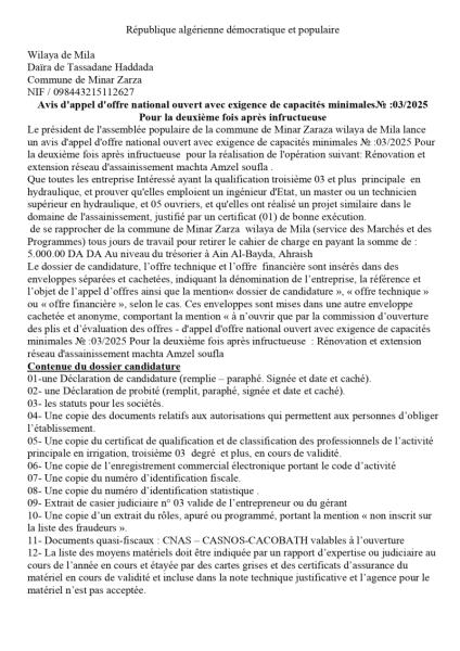 AVIS D'APPEL D'OFFRES NATIONAL OUVERT AVEC EXIGENCE DE CAPACITE MINIMALES N° 03/2025 POUR LA DEUXIEME FOIS APRES INFRUCTUEUSE