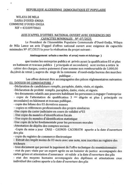 AVIS D'APPEL D'OFFRES NATIONAL OUVERT AVEC EXIGENCE DE CAPACITE MINIMALES N° 07/2025