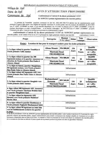 AVIS D'ATTRIBUTION PROVISOIRE