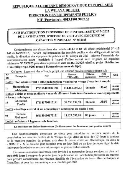 AVIS D'ATTRIBUTION PROVISOIRE ET D'INFRUCTUOSITE N°74/2025 DE L'AVIS D'APPEL D'OFFRES OUVERT AVEC EXIGENCE DE CAPACITE MINIMALES N° 55/2025