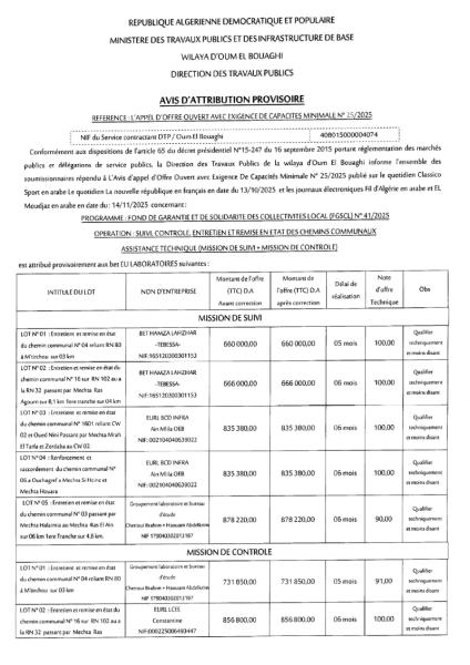 AVIS D'ATTRIBUTION PROVISOIRE