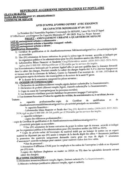 AVIS D'APPEL D'OFFRES OUVERT AVEC EXIGENCE DE CAPACITE MINIMALES N° 09/2025