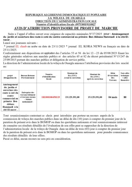 AVIS D'ATTRIBUTION PROVISOIRE DE PROJET DE MARCHE