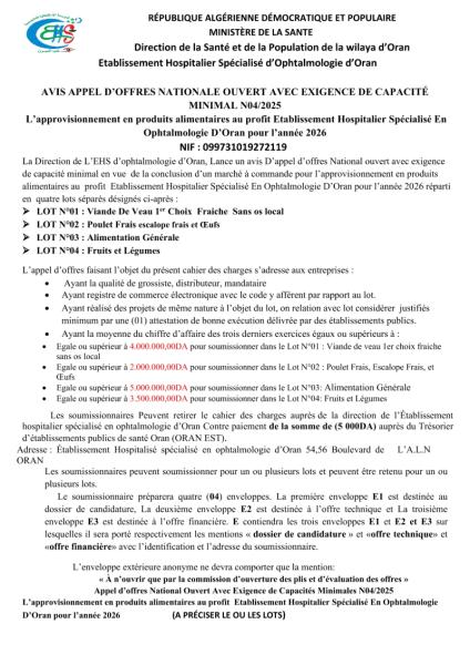 AVIS D'APPEL D'OFFRES NATIONAL OUVERT AVEC EXIGENCE DE CAPACITE MINIMALES N° 04/2025