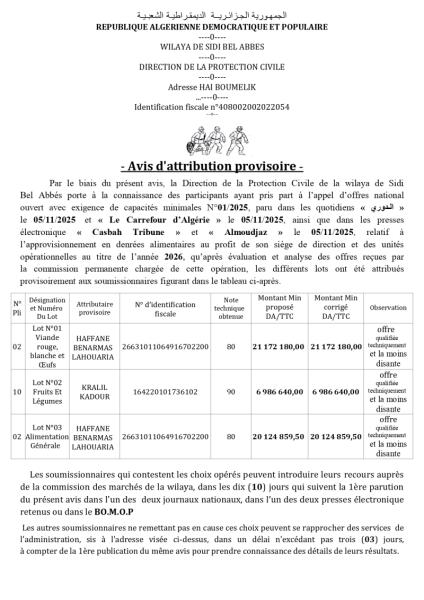 AVIS D'ATTRIBUTION PROVISOIRE