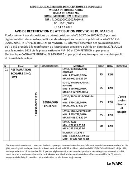 AVIS DE RECTIFICATION DE ATTRIBUTION PROVISOIRE DU MARCHE