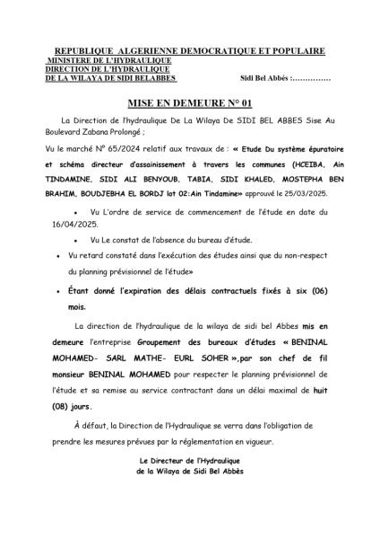 MISE EN DEMEURE N° 01