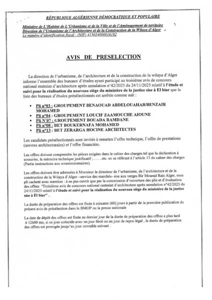 AVIS DE PRESELECTION