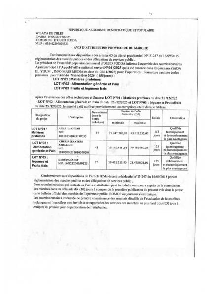 AVIS D'ATTRIBUTION PROVISOIRE DU MARCHE