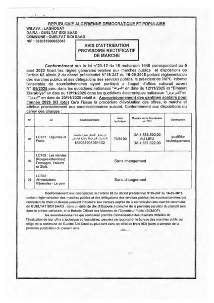 AVIS D'ATTRIBUTION PROVISOIRE RECTIFICATIF DE MARCHE