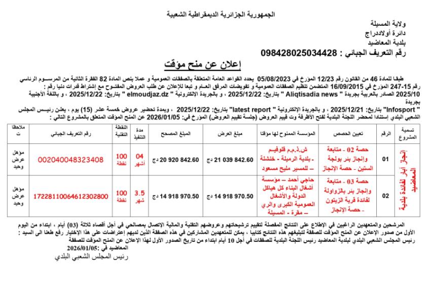 اعلان عن منح مؤقت