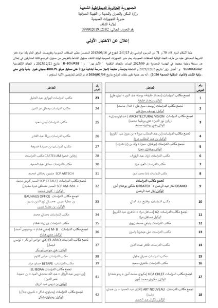 إعلان عن الاختيار الأولي