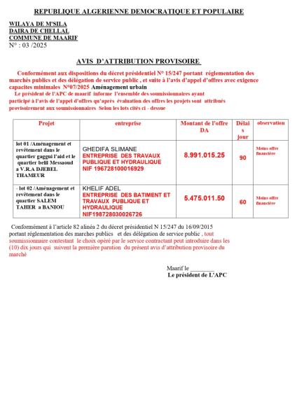 AVIS D'ATTRIBUTION PROVISOIRE