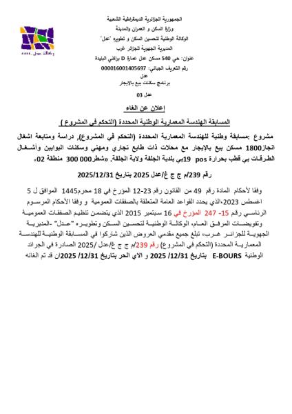 إعلان عن إلغاء المسابقة الهندسة المعمارية الوطنية المحددة (التحكم فى المشروع )