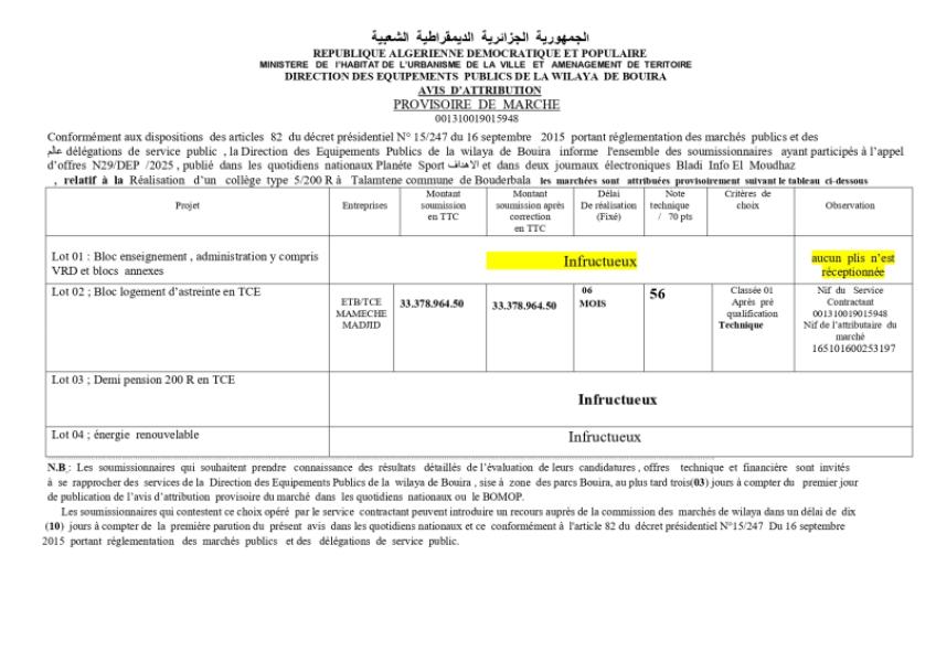 AVIS D'ATTRIBUTION PROVISOIRE DE MARCHE