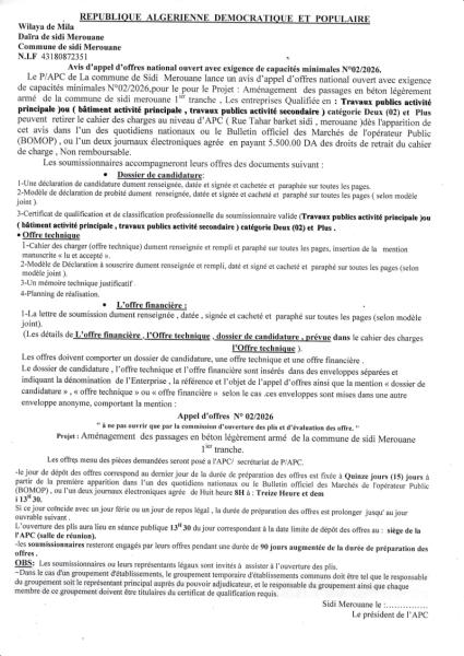 AVIS D'APPEL D'OFFRES NATIONAL OUVERT AVEC EXIGENCE DE CAPACITE MINIMALES N°02/2026