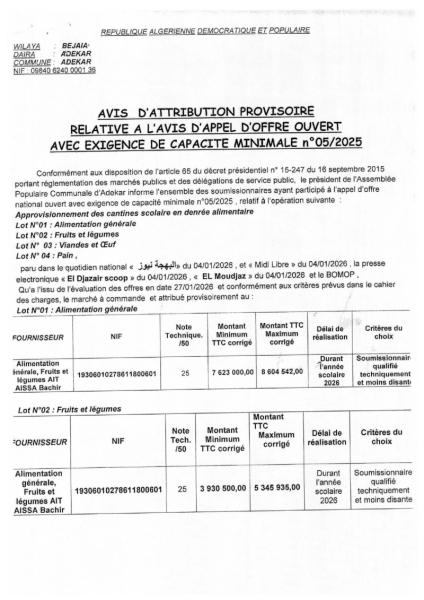 AVIS D'ATTRIBUTION PROVISOIRE RELATIVE A L' AVIS D'APPEL D'OFFRES OUVERT AVEC EXIGENCE DE CAPACITE MINIMALES N°05/2025