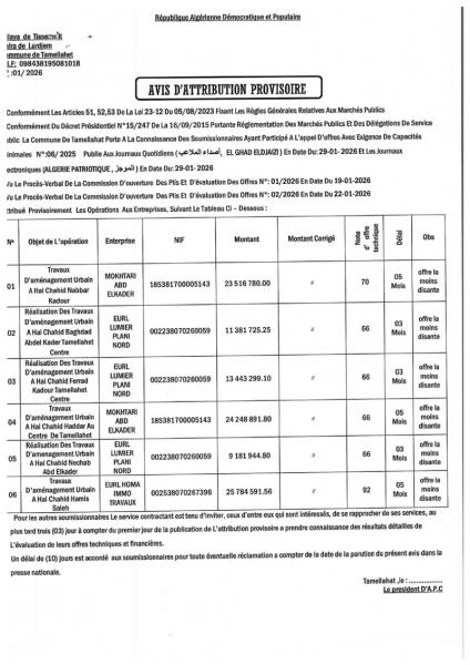 AVIS D'ATTRIBUTION PROVISOIRE