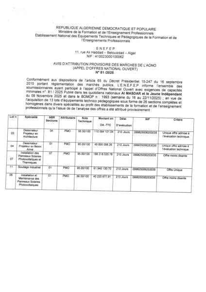 AVIS D'ATTRIBUTION PROVISOIRE DES MARCHES DE L'AONO (APPEL D'OFFRES NATIONAL OUVERT) N°81/2025