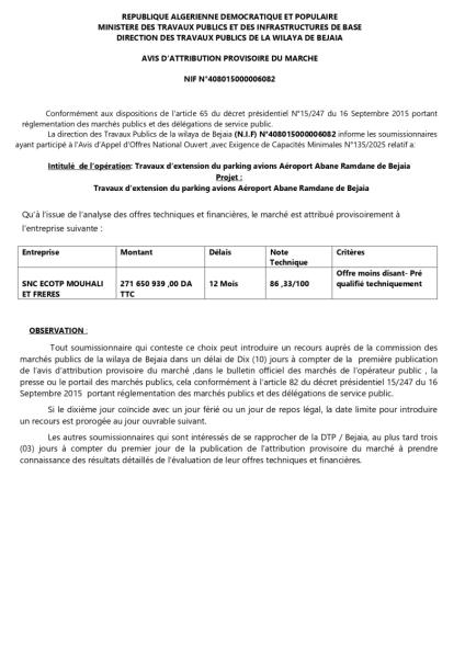 AVIS D'ATTRIBUTION PROVISOIRE DU MARCHE