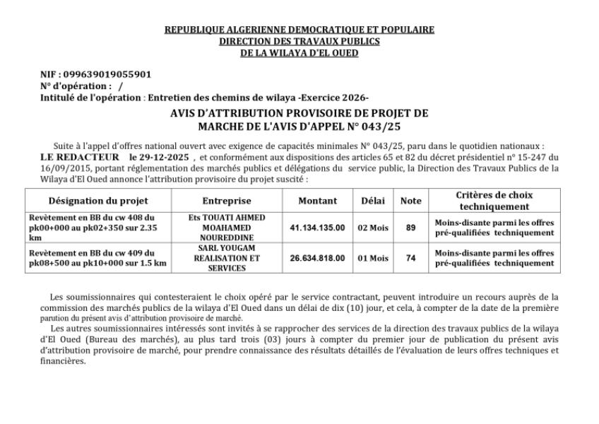 AVIS D'ATTRIBUTION PROVISOIRE DE PROJET DE MARCHE DE L'AVIS D'APPEL N°043/25