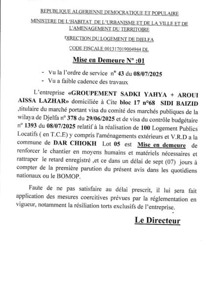 MISE EN DEMEURE N°01