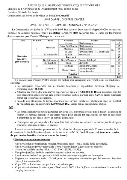 AVIS D'APPEL D'OFFRES OUVERT AVEC EXIGENCE DE CAPACITE MINIMALES N°05/2025