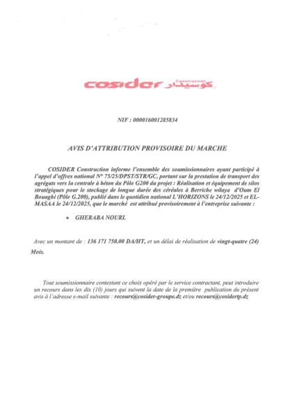 AVIS D'ATTRIBUTION PROVISOIRE DU MARCHE